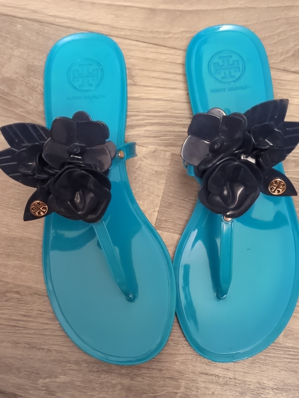 Tory Burch Blossom Teal and Navy jelly Floral Sandals  7
